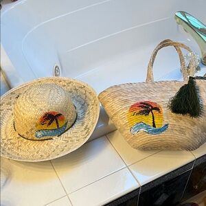 Hand Painted Straw Hat and Straw Tote Bag Set with Sunset 🏝️ Design - Brand New!
